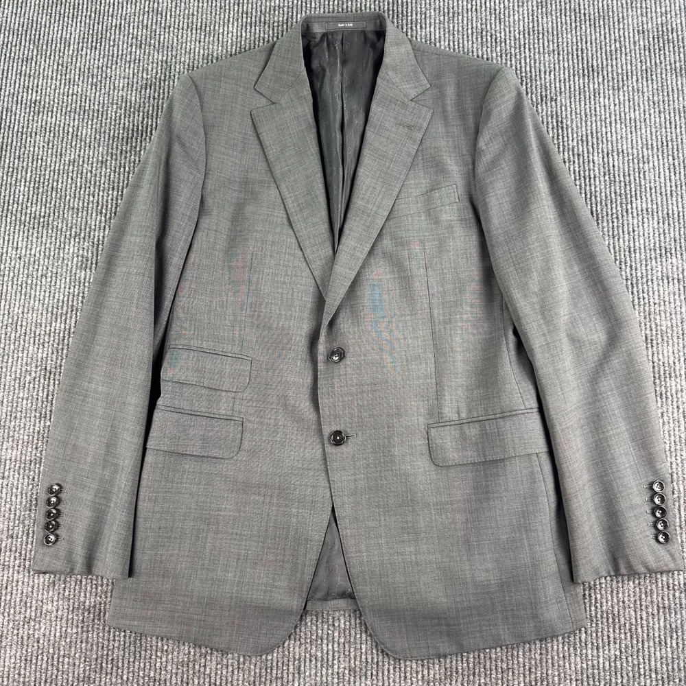 Gucci Suit Jacket 44L Gray Wool Blend Italy GG Lined Luxury Designer Blazer